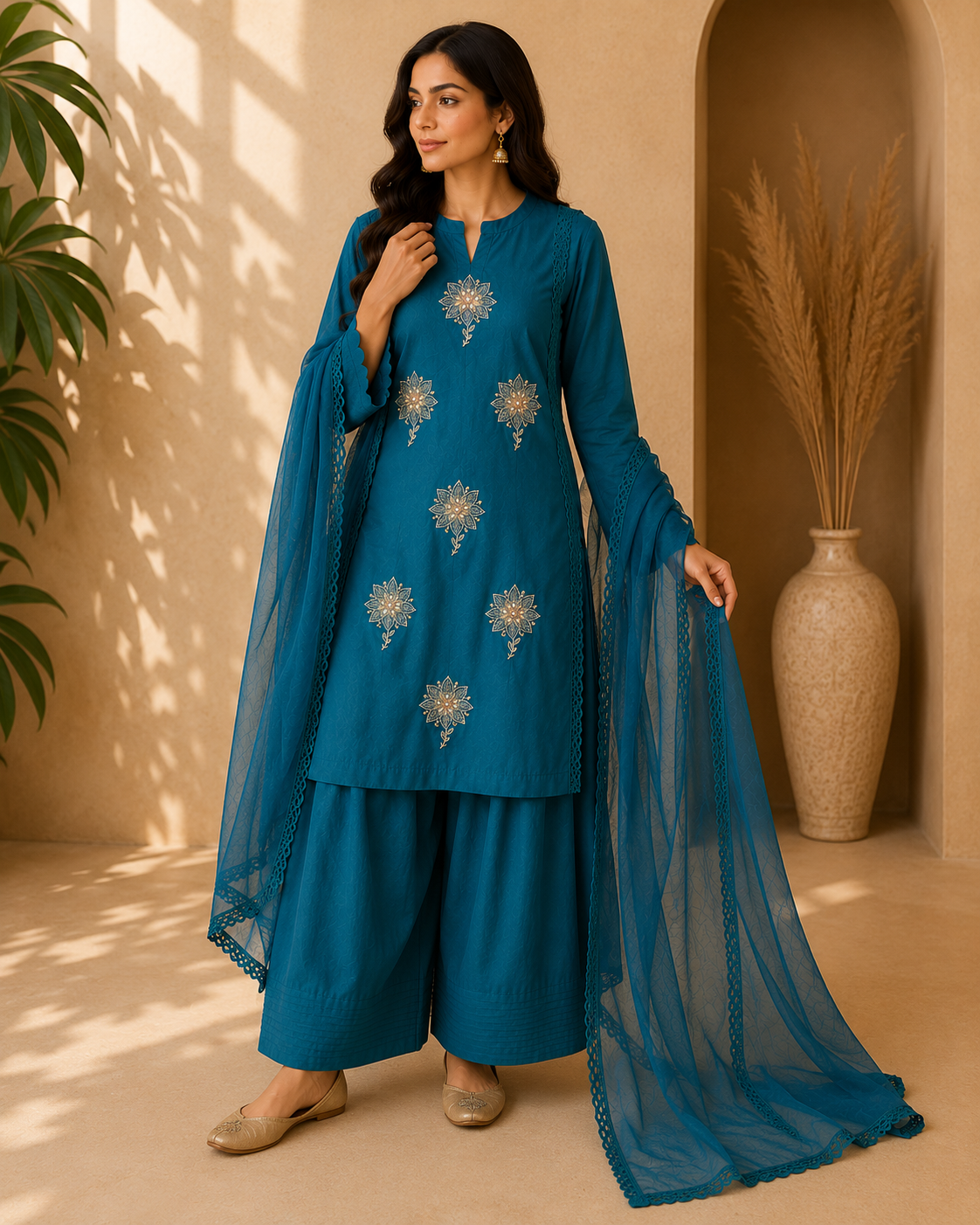 Teal Elegance – 3 Piece Embroidered Set