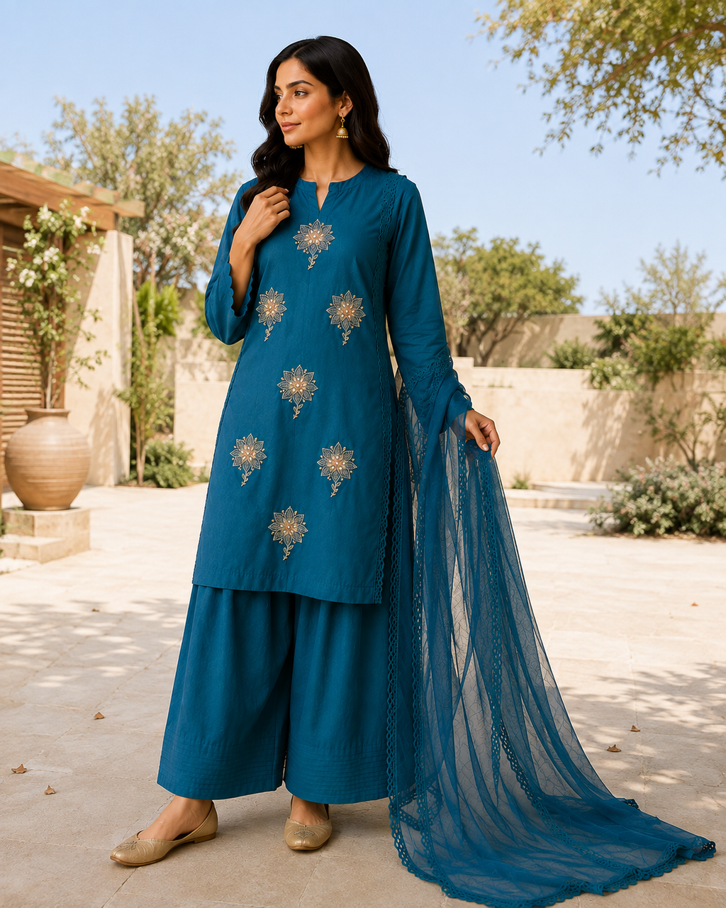 Teal Elegance – 3 Piece Embroidered Set