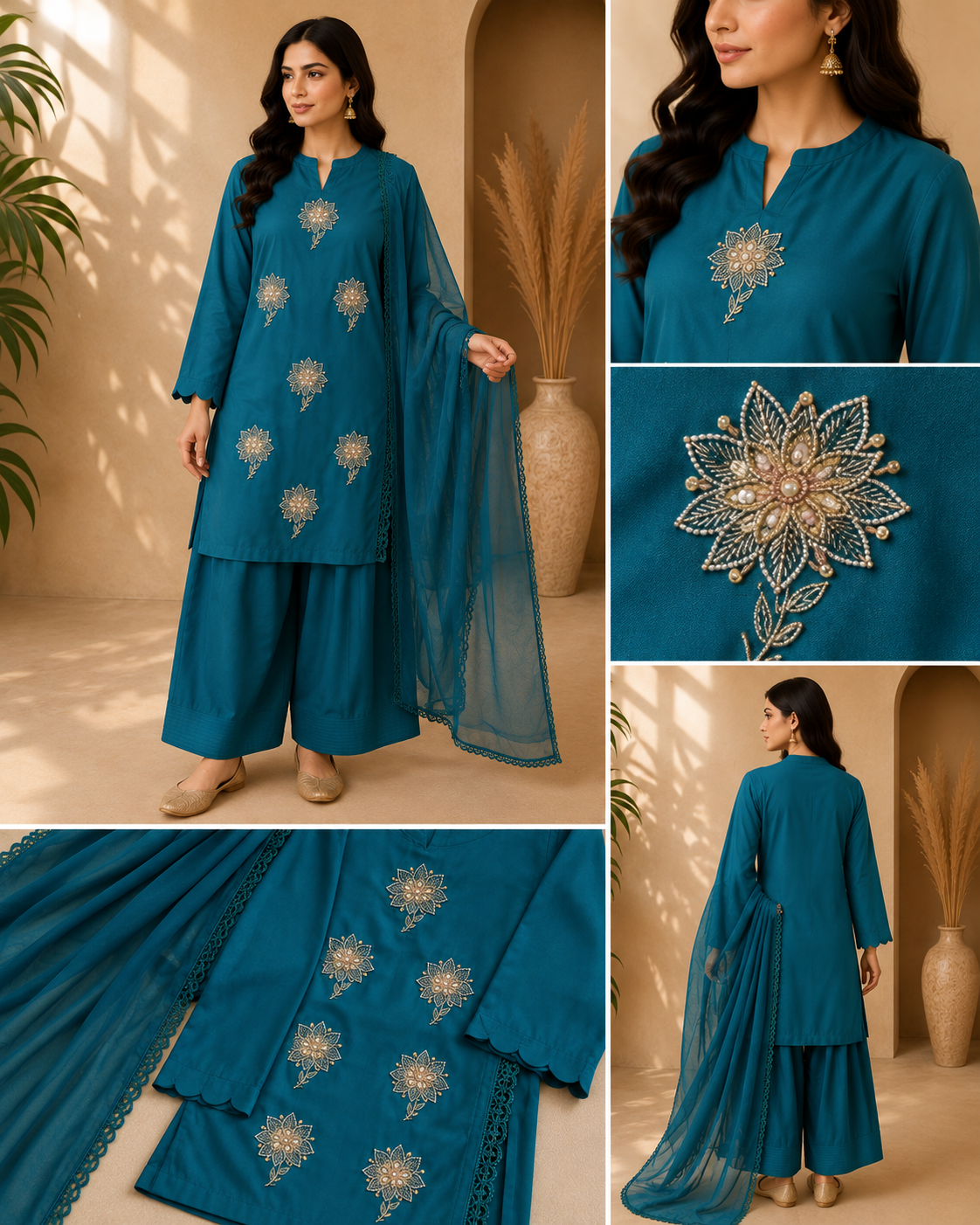 Teal Elegance – 3 Piece Embroidered Set