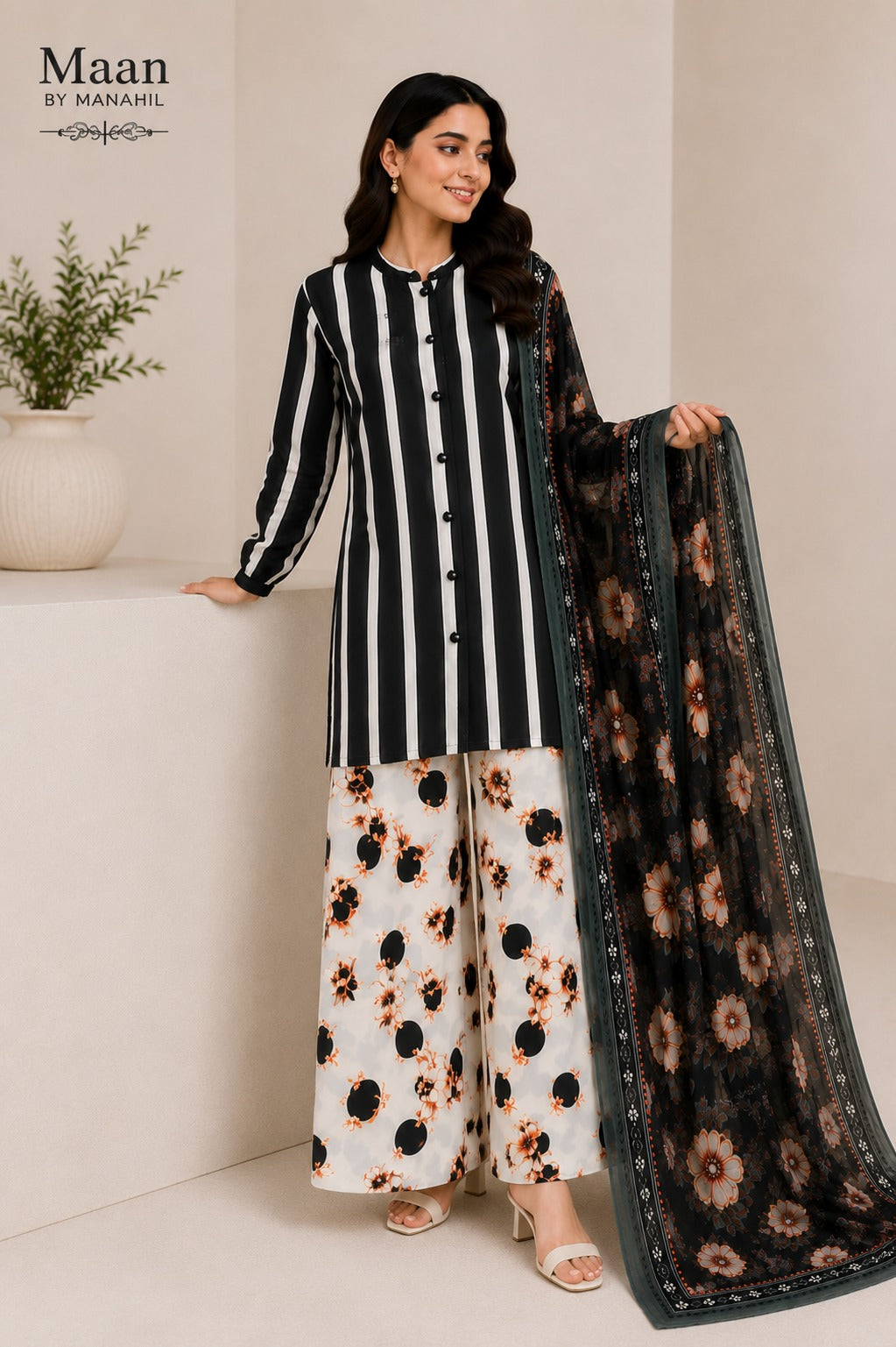 Monochrome Bloom 3 Piece Printed Lawn Suit | Maan by Manahil