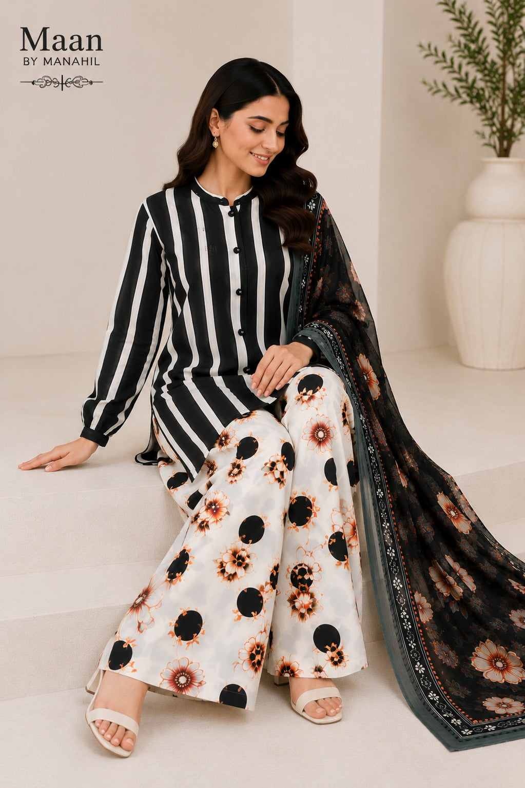 Monochrome Bloom 3 Piece Printed Lawn Suit | Maan by Manahil