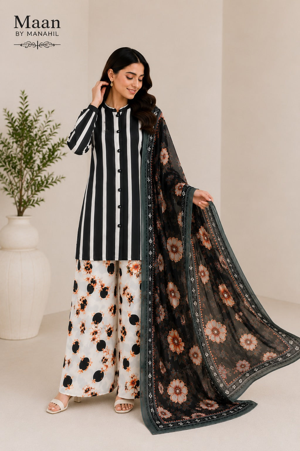 Monochrome Bloom 3 Piece Printed Lawn Suit | Maan by Manahil