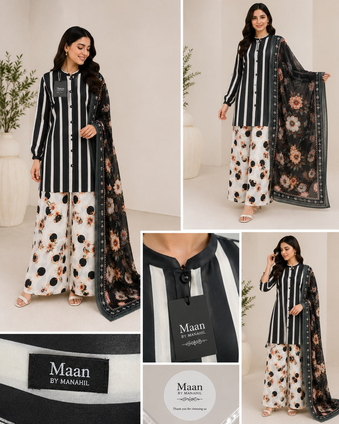 Monochrome Bloom 3 Piece Printed Lawn Suit | Maan by Manahil