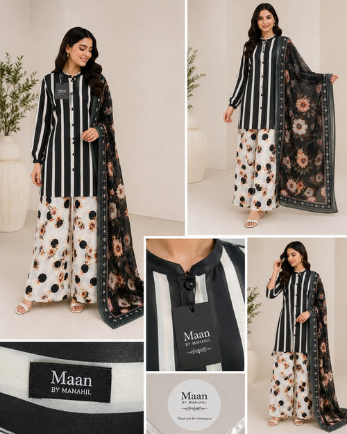 Monochrome Bloom 3 Piece Printed Lawn Suit | Maan by Manahil